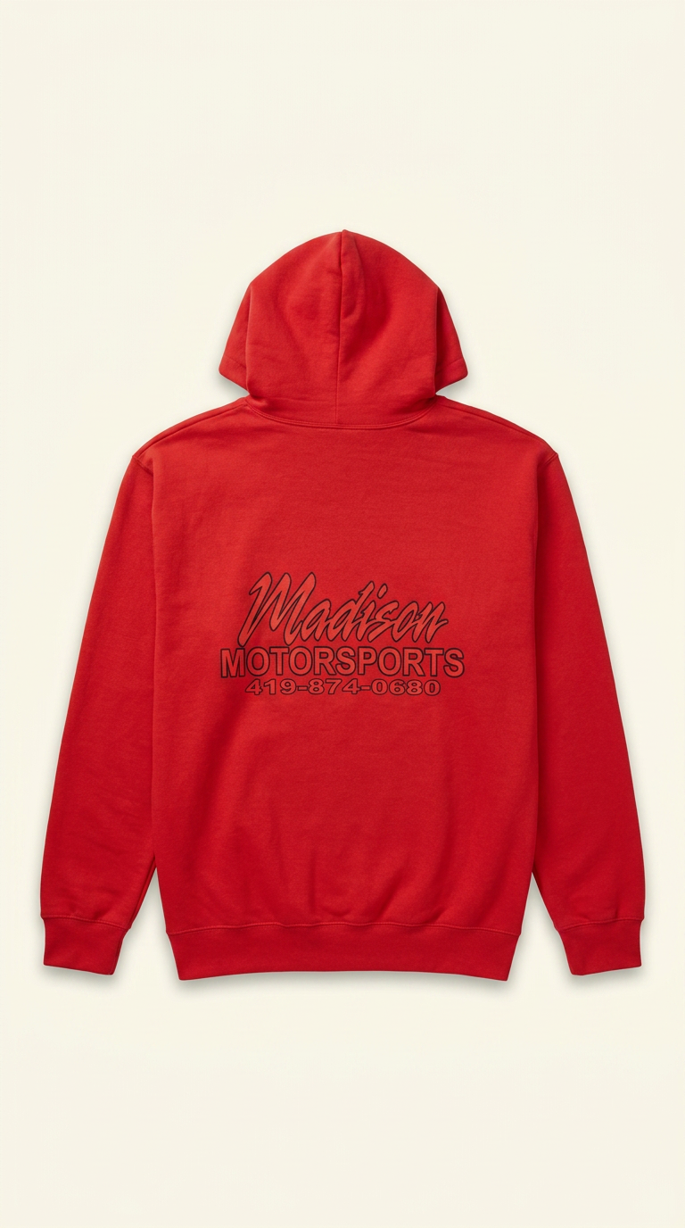 Red Madison Motorsports pullover hoodie — back