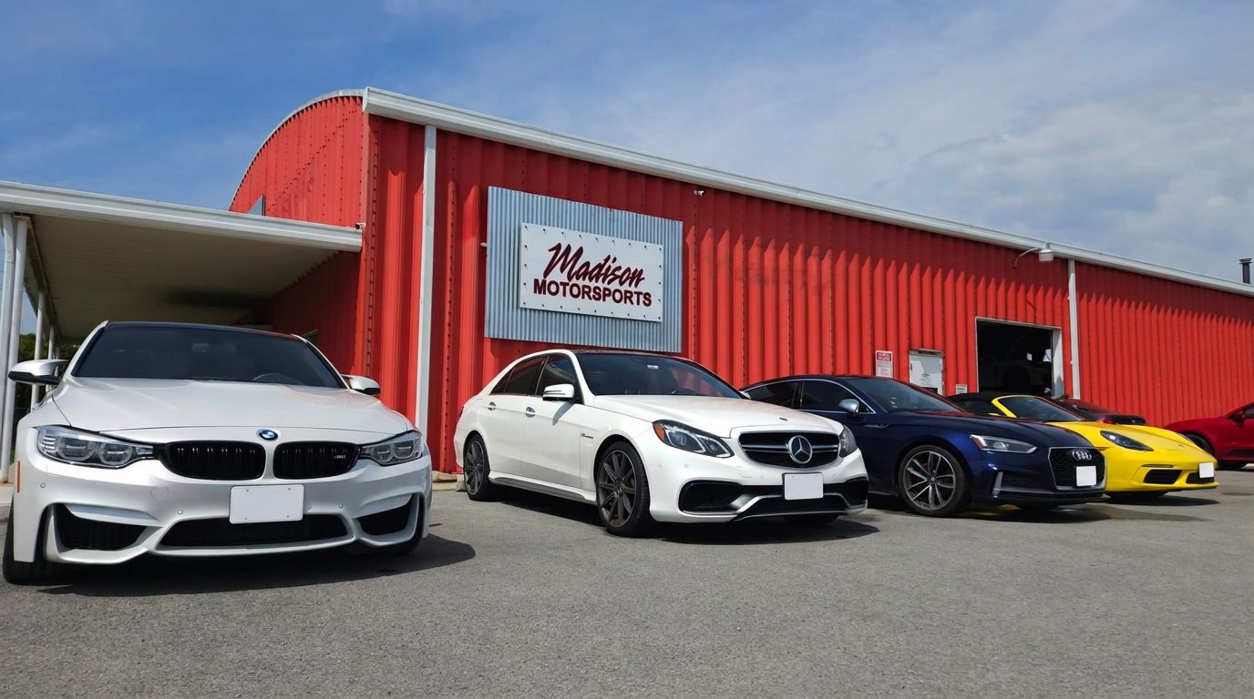 BMW M3, Mercedes E63, Audi and Porsche in front of Madison Motorsports
