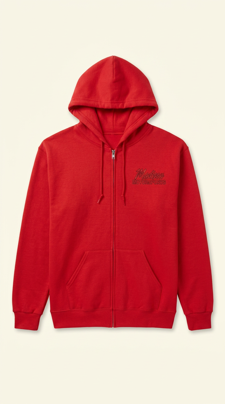 Red Madison Motorsports zip-up hoodie