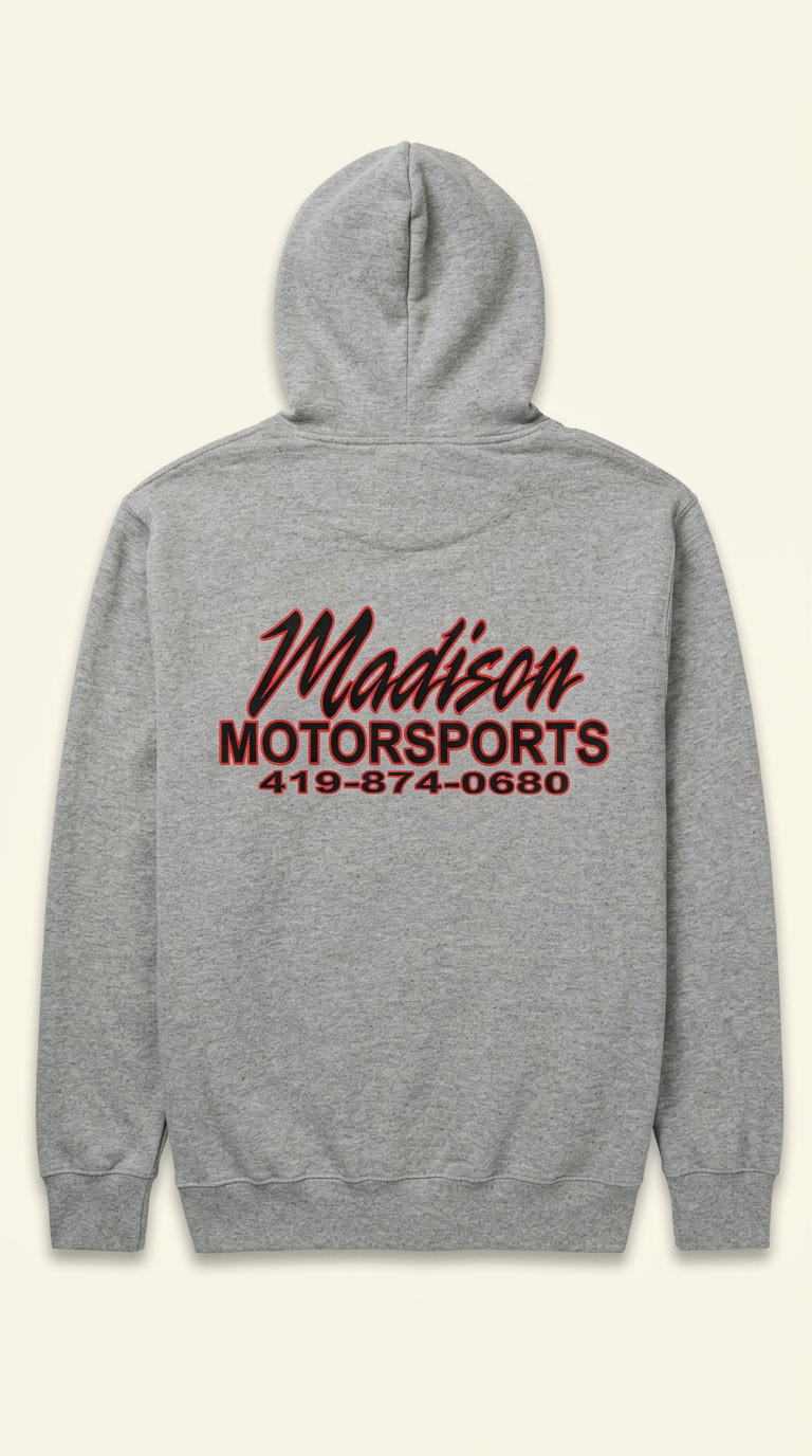 Gray Madison Motorsports zip-up hoodie — back