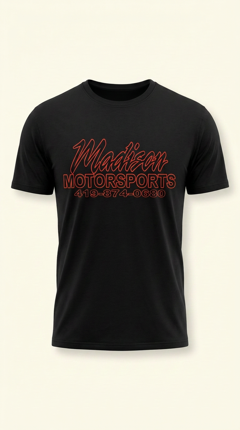 Black Madison Motorsports t-shirt with large front logo print — back
