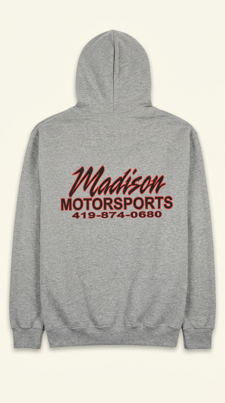 Gray Madison Motorsports pullover hoodie — back